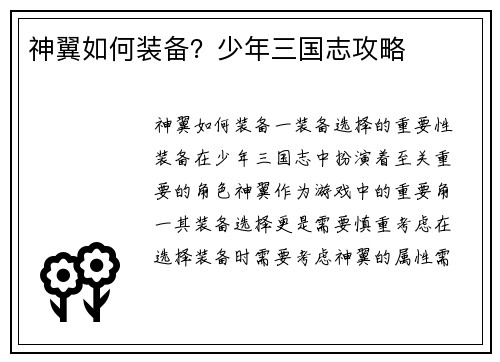 神翼如何装备？少年三国志攻略
